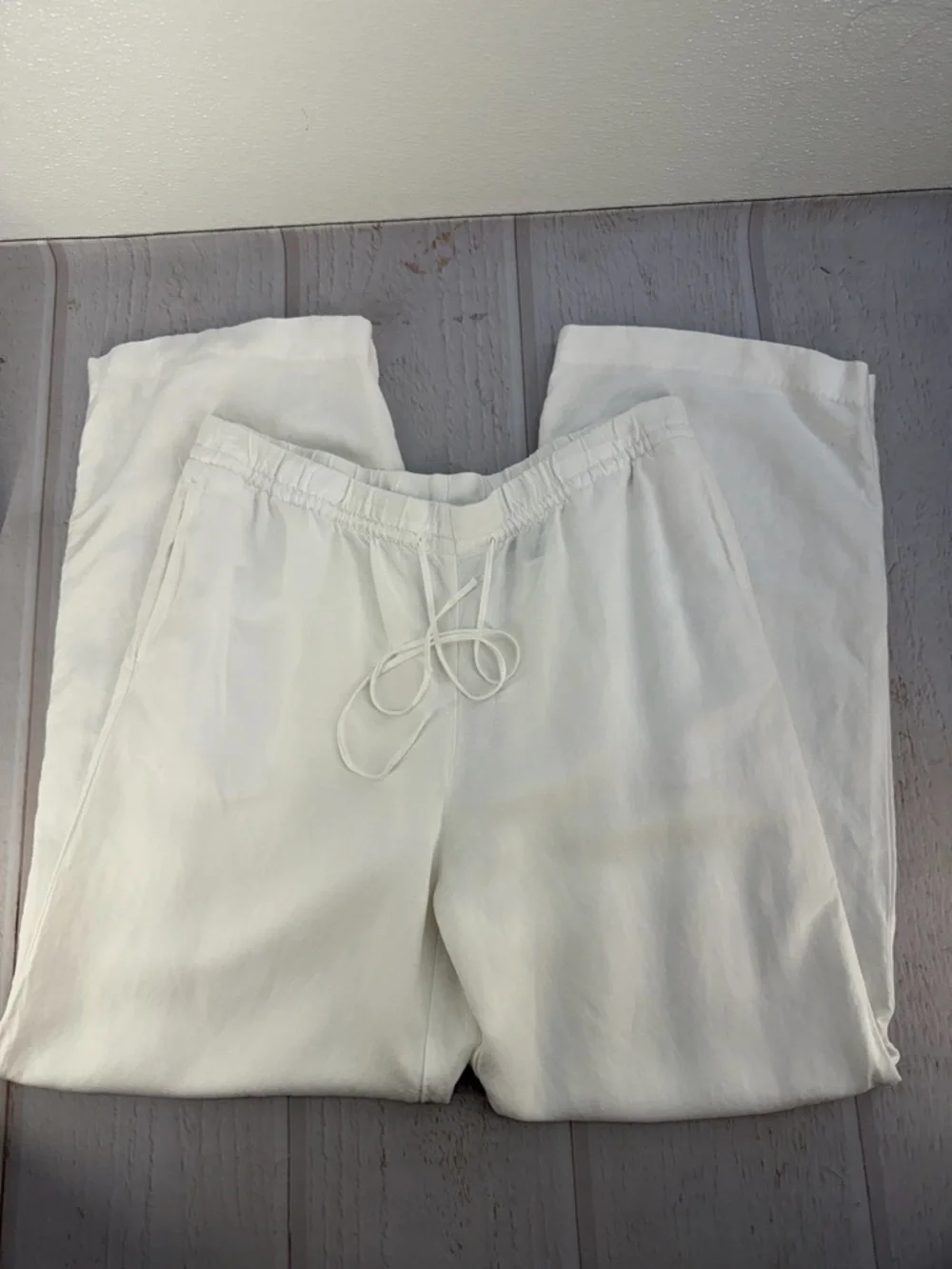 H&M Linen Blend White Wide Leg Pants Elastic Waist Size L